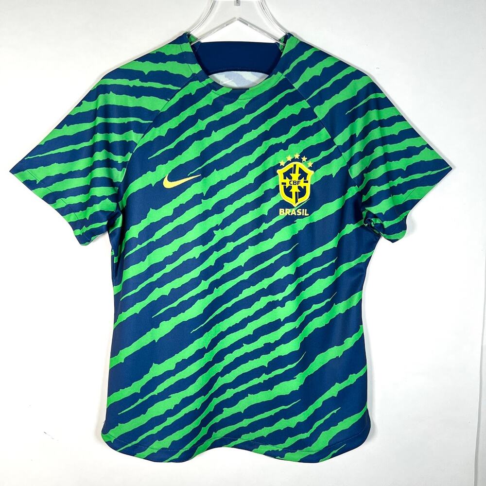 Nike Women's Brazil Dri-FIT Pre-Match Soccer Top L Green Blue Short Sleeve EUC!